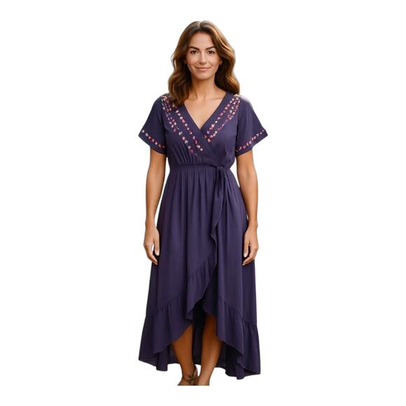 JODIFL Women's Plus 1X Dress V-Neck Embroidered Gray Pink Faux Wrap Hi Low Hem - Picture 1 of 8